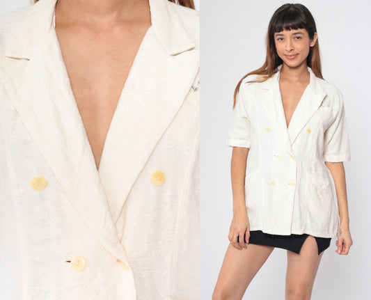 90s Cream Floral Embossed Double Breasted Button Up Blouse Short Sleeve Large