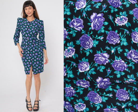 90s All That Jazz Black Floral Mini Dress Puff Sleeve Button-Up Small S