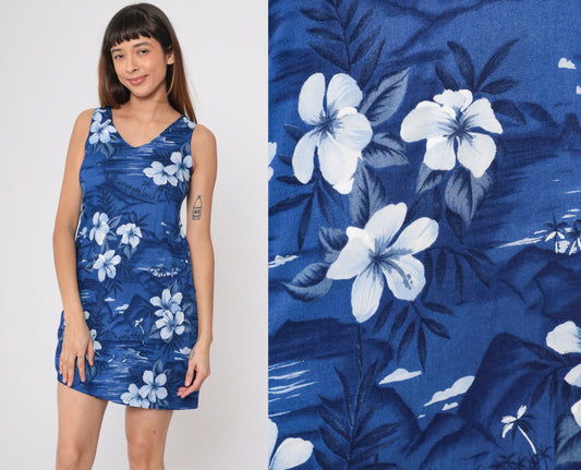 00s Peppermint Bay Hawaiian Tropical Mini Dress Blue Floral Palm Tree Extra Small