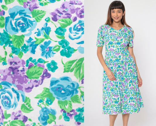 80s Floral Midi Dress Nordstrom Point of View Puff Sleeve Drop Waist Cotton Small