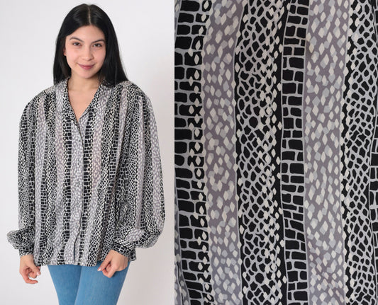 70s Geometric Striped Button-Up Blouse Red Balloon Sleeve Collared Shirt Large