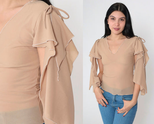 Y2K Nina Piu Sheer Mesh Top Tan Cape Sleeve V-Neck Small S