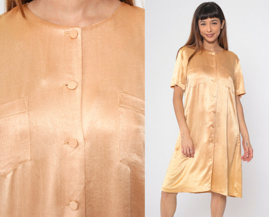 90s Wild Rose Apricot Shirtdress Knee-Length Button-Up Shift Dress Small