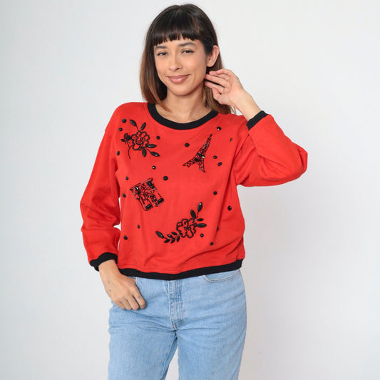 90s Carol Little Beaded Eiffel Tower Sweatshirt Red Ringer Medium
