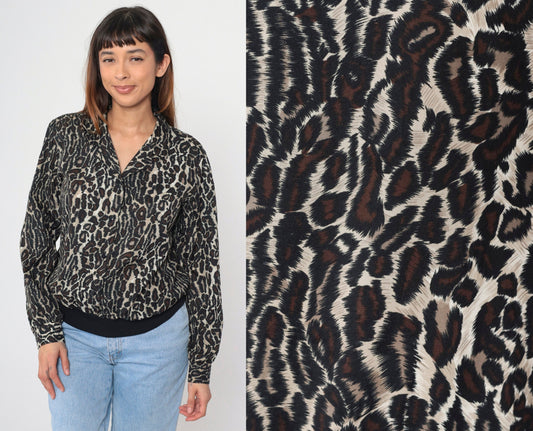 80s Leopard Print Button-Up Blouse Long Sleeve Collared Top Large