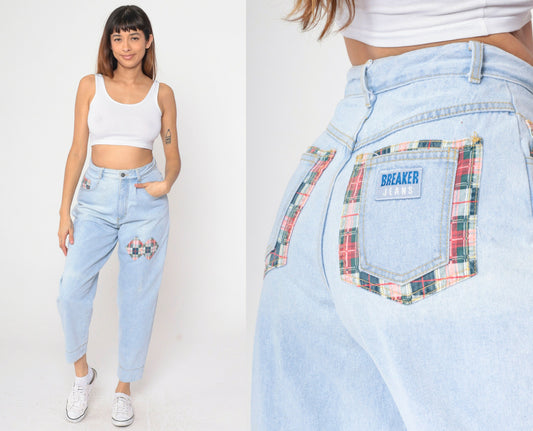90s Breaker Jeans Light Blue Patchwork Plaid High Rise Mom Jeans Small 29