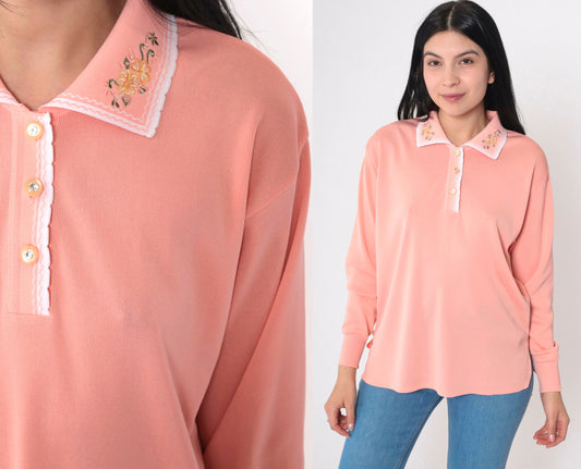 70s Pink Floral Embroidered Blouse Rhinestone Button-Up Collared Shirt Medium Large