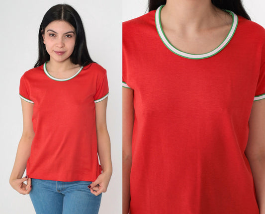 80s Red Ringer Tee Scoop Neck T-Shirt Green White Trim Medium