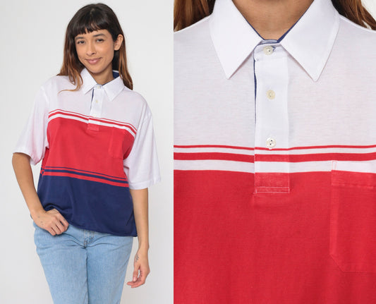 90s Polo Shirt Navy Red White Color Block Short Sleeve Chest Pocket Extra Large XL