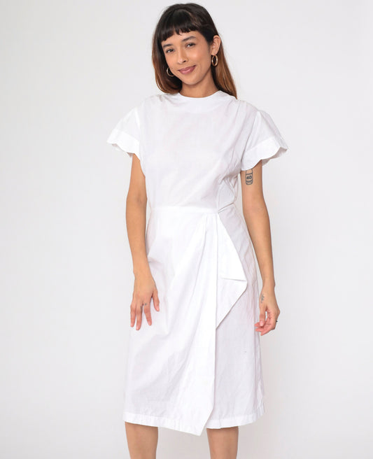 1940s White Cotton Midi Dress Puff Sleeve Scalloped Button Back Medium