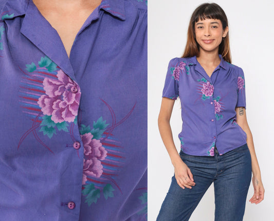 80s Purple Floral Puff Sleeve Button-Up Blouse Collared Shirt Small