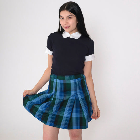 Y2K Plaid Mini Skirt High Waisted Pleated Blue Green Tartan Medium M