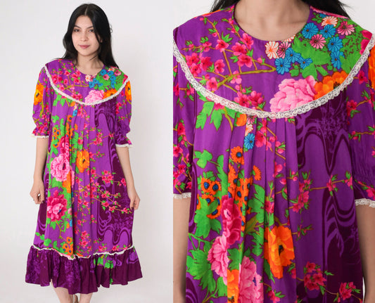 70s Purple Floral Midi Dress Puff Sleeve Tent Cut Lace Bib Large