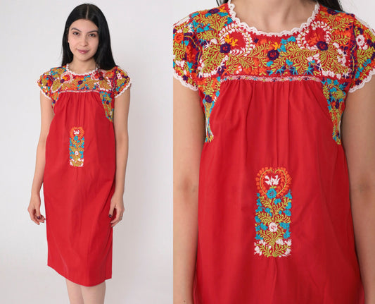 70s Oaxacan Embroidered Mini Dress Red Floral Cotton Cap Sleeve Small