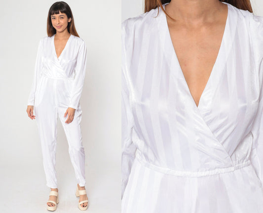 80s White Striped Puff Sleeve Jumpsuit V Neck Tapered Pantsuit Small S