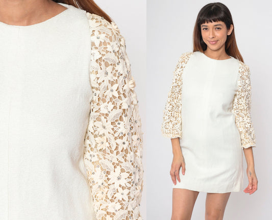 60s White Lace Mini Dress Rhinestone 3/4 Sleeve Shift Mod Small