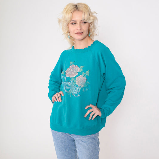 90s Hanes Her Way Turquoise Floral Glitter Sweatshirt Lettuce Edge Medium