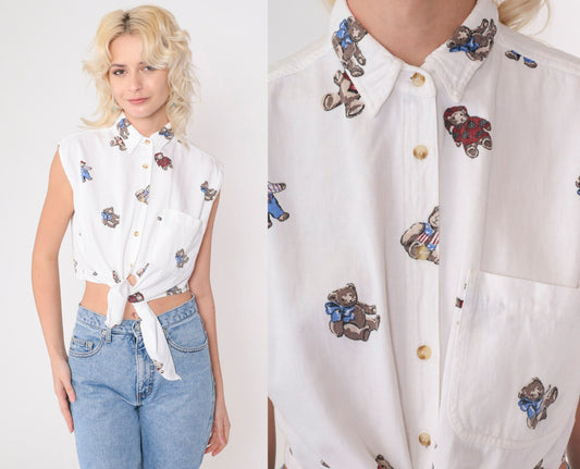 90s Teddy Bear Crop Top Sleeveless Button Down Blouse White Cotton Small