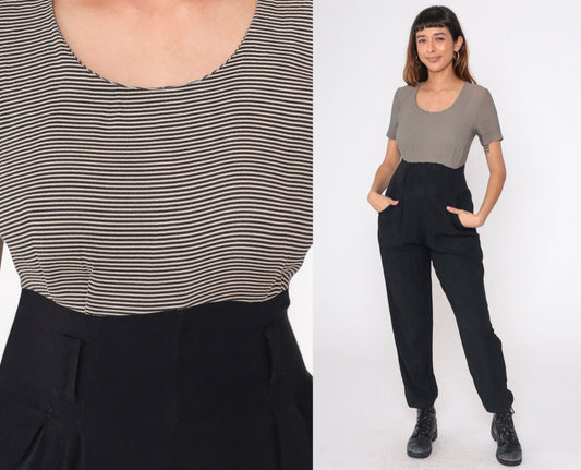 90s Black Pinstripe Jumpsuit Scoop Neck Tapered Pants Pockets Medium 8