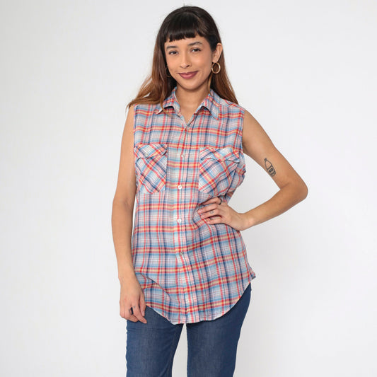 80s Plaid Sleeveless Button-Up Tank Top Red Blue Yellow White Medium Large