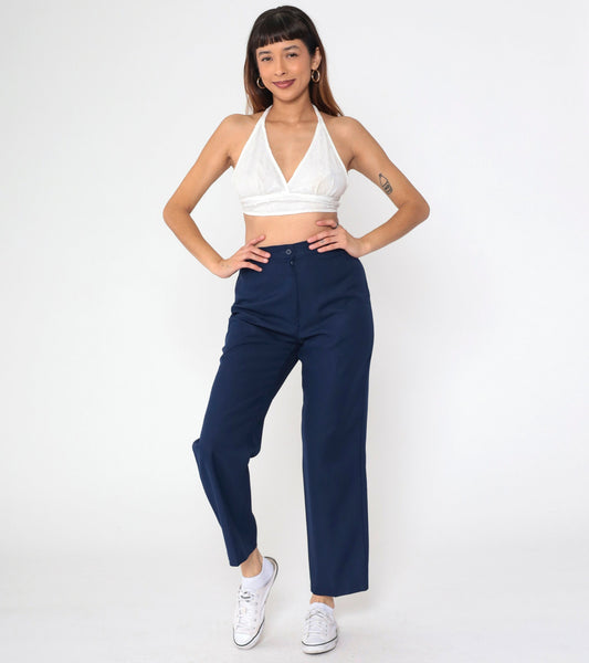90s Navy Straight Leg High Rise Trousers Wool Blend Small 26