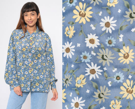 90s Blue Floral Button-Up Blouse Long Sleeve Collared Shirt Extra Large XL