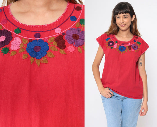 90s Mexican Embroidered Floral Blouse Red Short Sleeve Medium