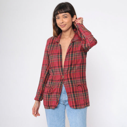 90s Red Plaid Cotton Blazer Deep V Neck Button Up Small