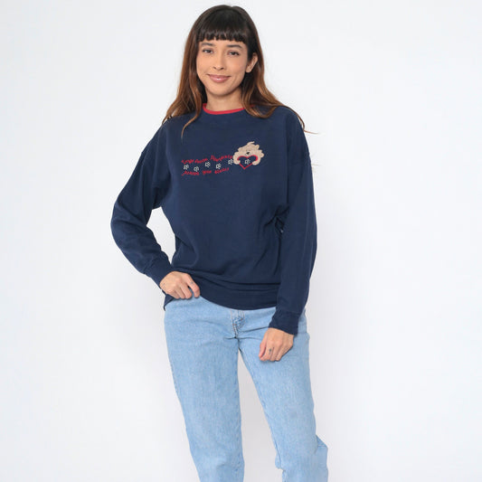 Y2K Dog Sweatshirt Navy Blue Rhinestone Embroidered Heart Pawprints Medium