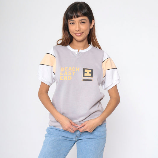 90s Beach East End Graphic Henley Shirt Grey Peach Striped Medium
