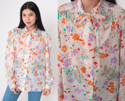 70s Floral Ascot Blouse Off-White Watercolor Print Puff Sleeve Button Up Medium Large