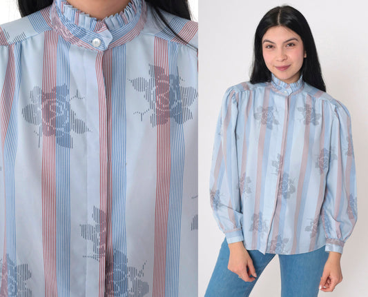 70s Blue Striped Floral Rose Button-Up Blouse High Pleated Neck Long Sleeve Medium M