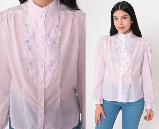 70s Lavender Embroidered Blouse Floral Cutwork Puff Sleeve Button Up Small