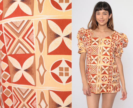 70s Geometric Puff Sleeve Blouse Burnt Orange Yellow Sweetheart Neckline Small