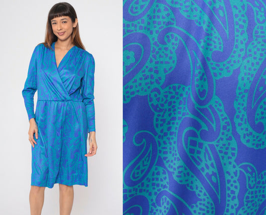 90s Blair Paisley Faux Wrap Midi Dress Puff Sleeve V-Neck Blue Green Large