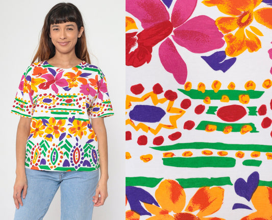 90s Tropical Floral Striped T-Shirt White Pink Orange Botanical Print Large L