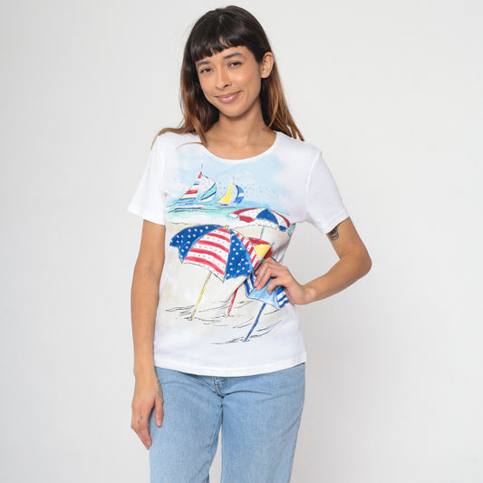 90s Studded Sailboat Beach Umbrella Graphic Tee White Medium