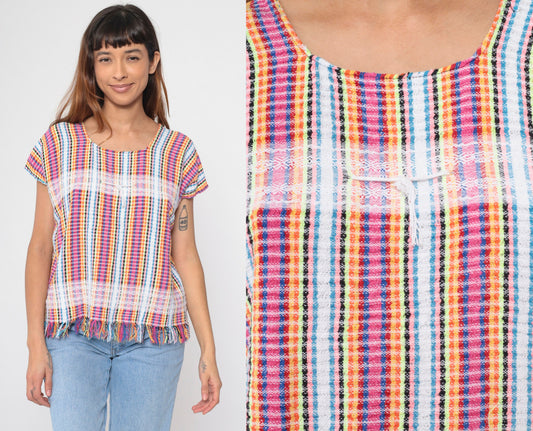 00s Mexican Neon Rainbow Striped Blouse Hot Pink Lace Trim Fringe Small
