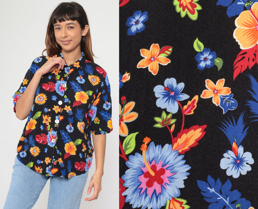 90s Tropical Floral Black Button Up Blouse Short Sleeve Extra Large XXL