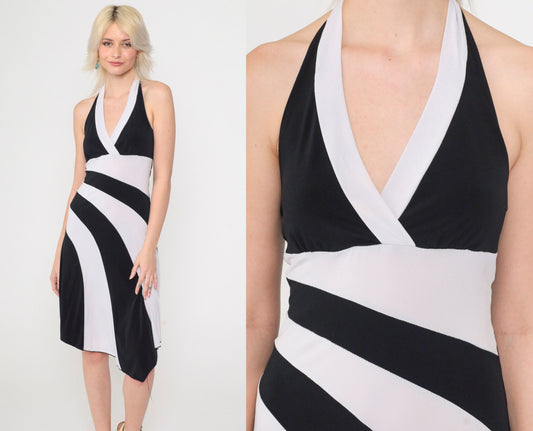 00s Black White Striped Halter Midi Dress Hanky Hem Sleeveless Small