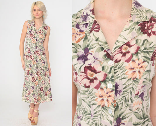 90s Tropical Floral Silk Midi Dress Cream Button-Front Sleeveless Small