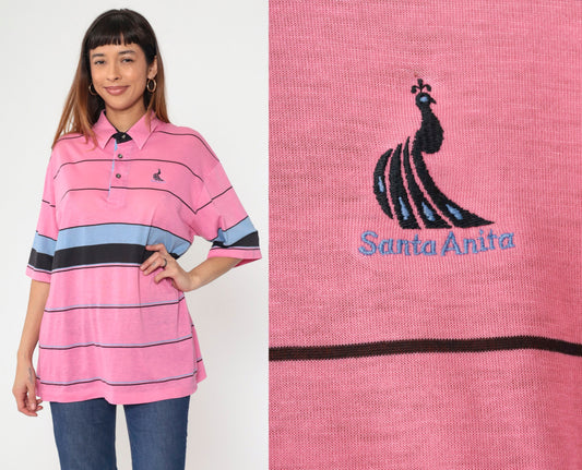 80s Santa Anita Park Peacock Polo Shirt Pink Striped Button Up Extra Large XL