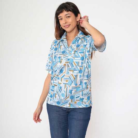 70s Lily Daché Psychedelic Geometric Dagger Collar Shirt Blue Medium