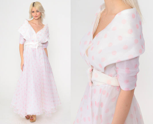 90s White Polka Dot Chiffon Maxi Dress Portrait Collar Pink Small 4