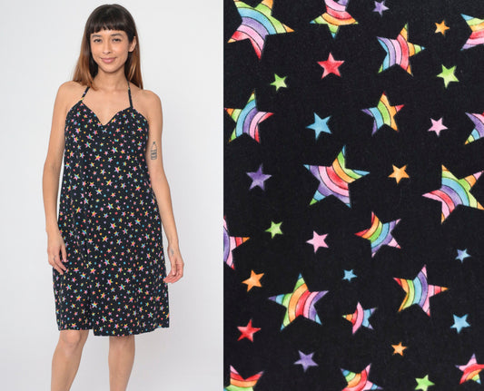 Y2K Black Rainbow Star Print Halter Midi Dress Empire Waist Sleeveless Medium