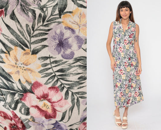 90s O'Kief Silk Floral Midi Dress Tropical Print Off-White Sleeveless Medium