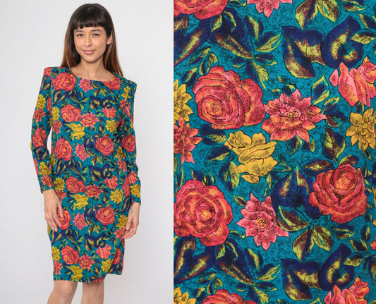 80s Floral Rose Print Midi Dress Puff Sleeve Sheath Pink Blue Small