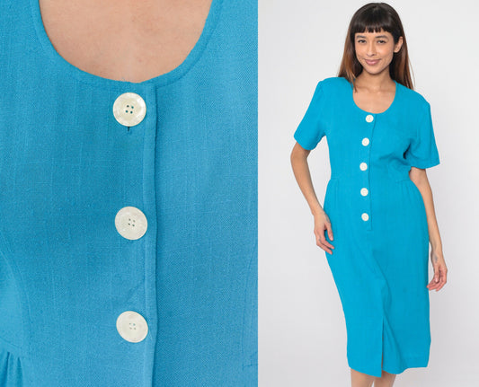 80s Bright Blue Button-Up Midi Sheath Dress Short Sleeve Pencil Skirt Medium 8