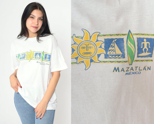 Y2K Mazatlan Mexico Graphic T-Shirt Celestial Sun Cotton White Medium