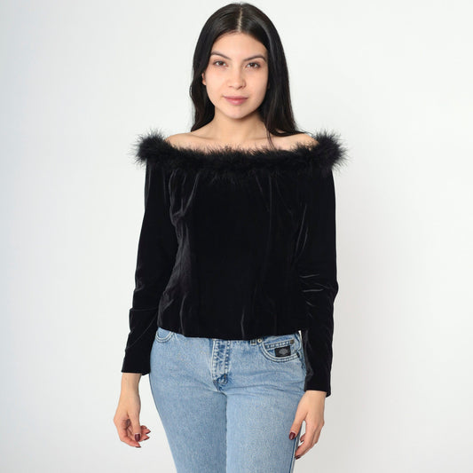 90s Alex Evenings Black Velvet Off-Shoulder Blouse Feather Trim Long Sleeve Large
